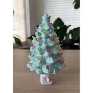 Blue Ceramic Christmas Tree Night Light Multi Color Vintage Style 120V